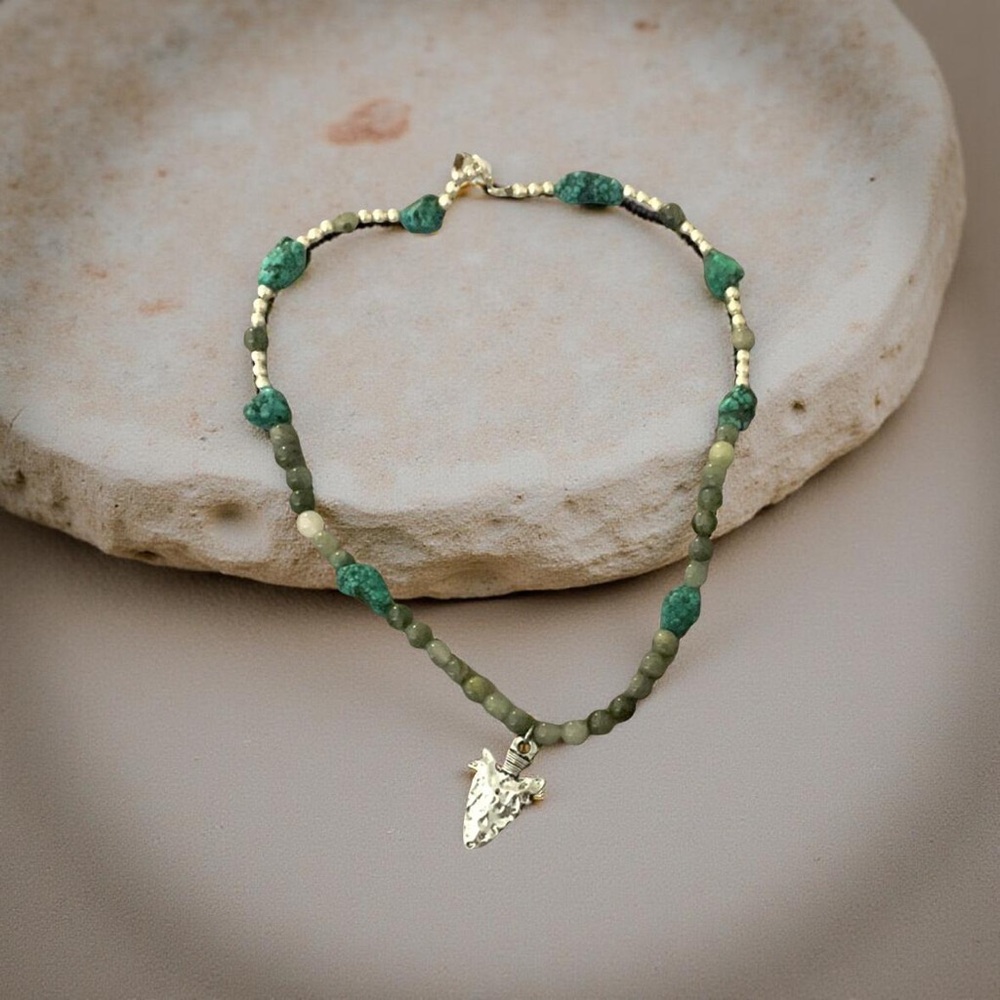 Jade and Silver Necklace with Arrowhead Pendant and turquoise rocks .